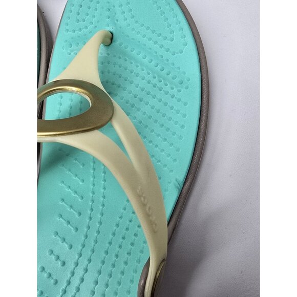Crocs Sanrah Sandals Women's Sz 8 Teal/Cream Slip On Thong Comfort Wedge Circle - Picture 5 of 12